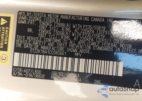 2012 Lexus Rx 350 from USA, damaged, VIN 2T2ZK1BA1CC085661